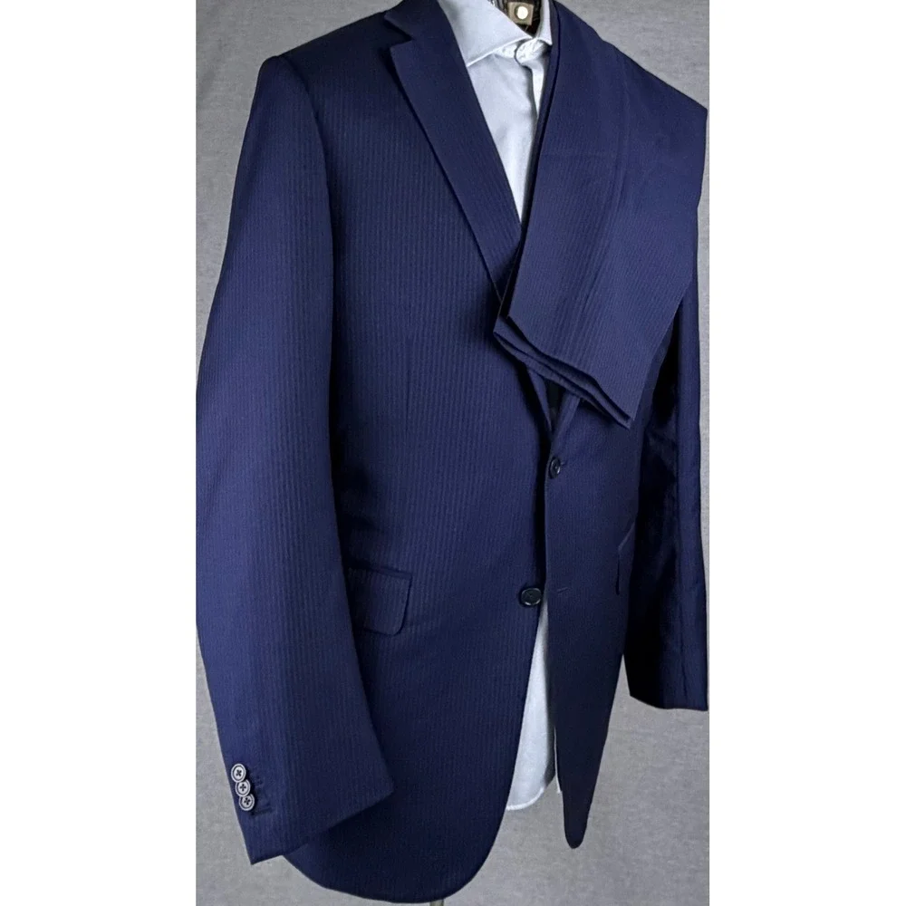 Ermenegildo Zegna Milano Suit Mens 44L 36x31 Navy‎ Blue Pinstripe Wool 2pc